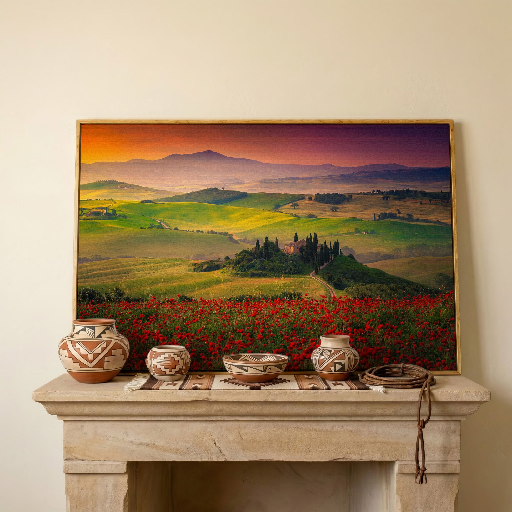 Tuscan Hills Canvas Art with Poppies, Farmhouse and Cypress Trees in white oak floating frame