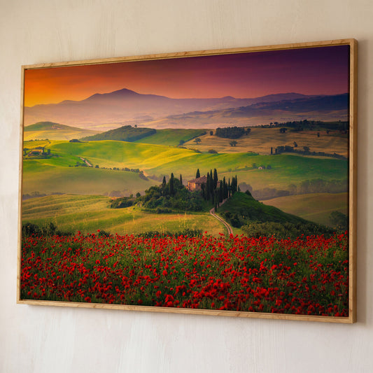 Tuscan Hills Canvas Art with Poppies, Farmhouse and Cypress Trees shown in white oak floating frame