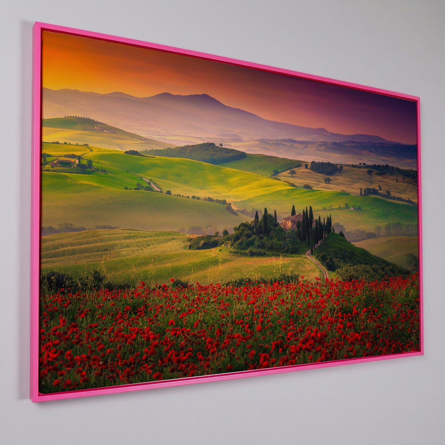 Tuscan Hills Canvas Art with Poppies, Farmhouse and Cypress Trees in pink floating frame