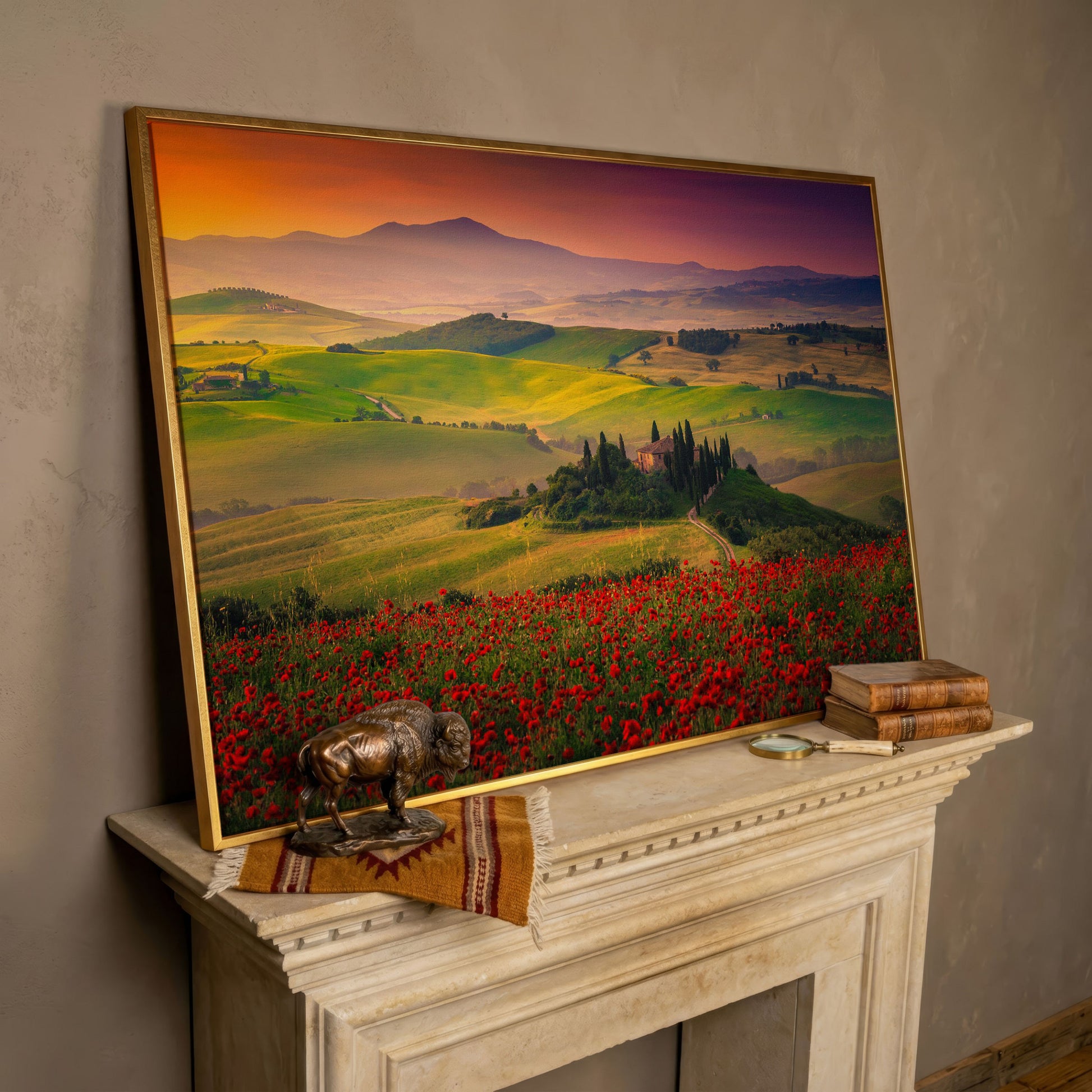 Tuscan Hills Canvas Art with Poppies, Farmhouse and Cypress Trees in rose gold floating frame