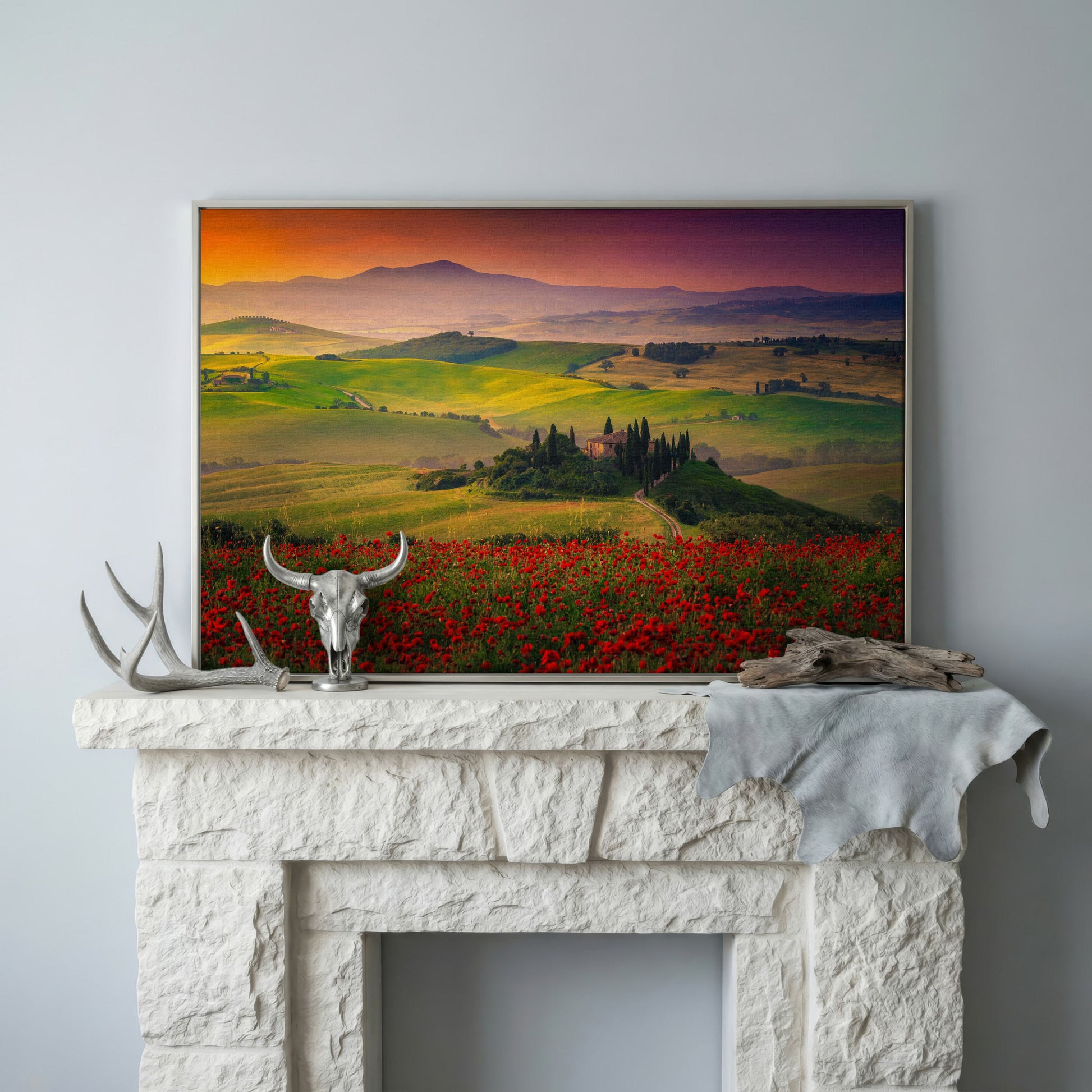 Tuscan Hills Canvas Art with Poppies, Farmhouse and Cypress Trees in silver floating frame