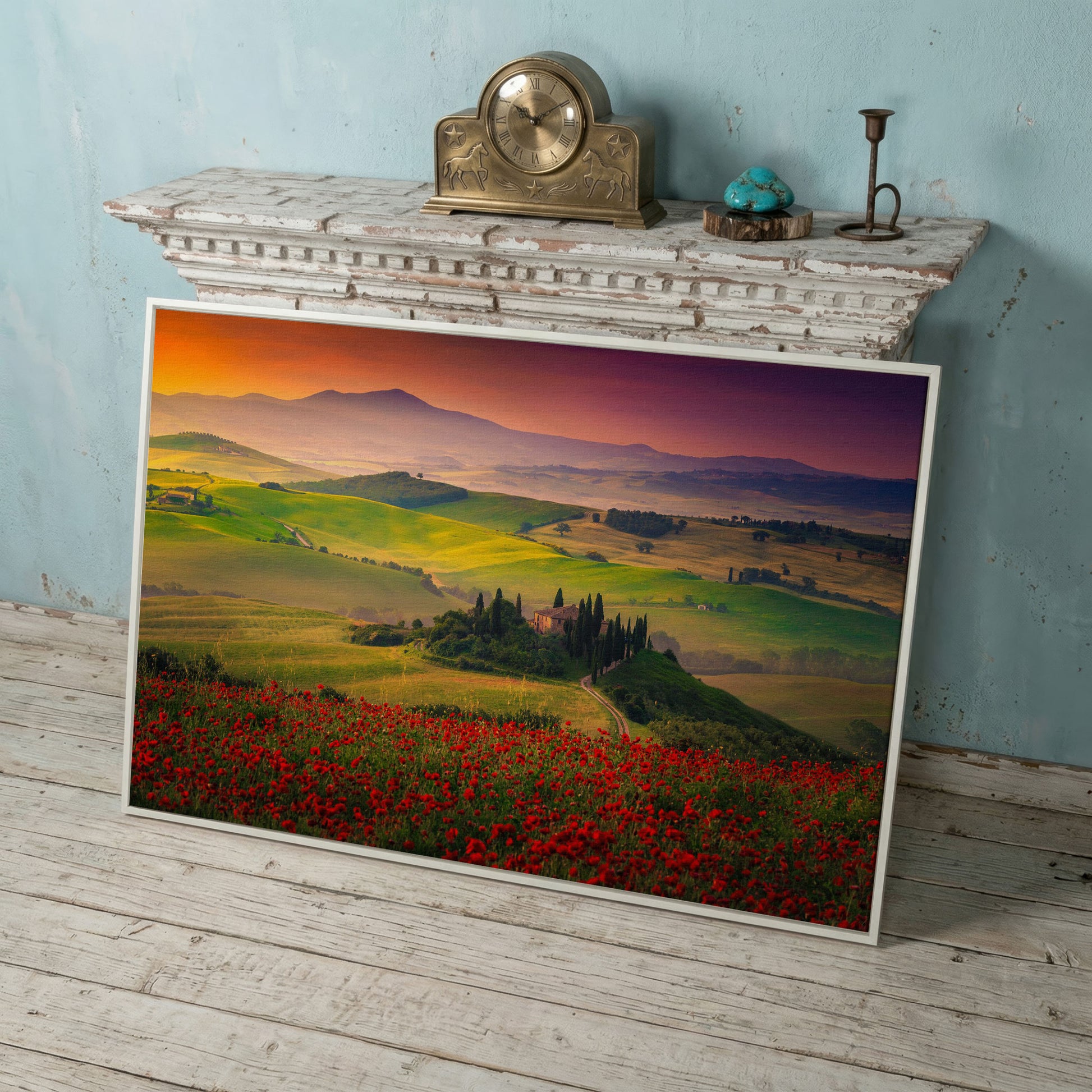Tuscan Hills Canvas Art with Poppies, Farmhouse and Cypress Trees in white floating frame