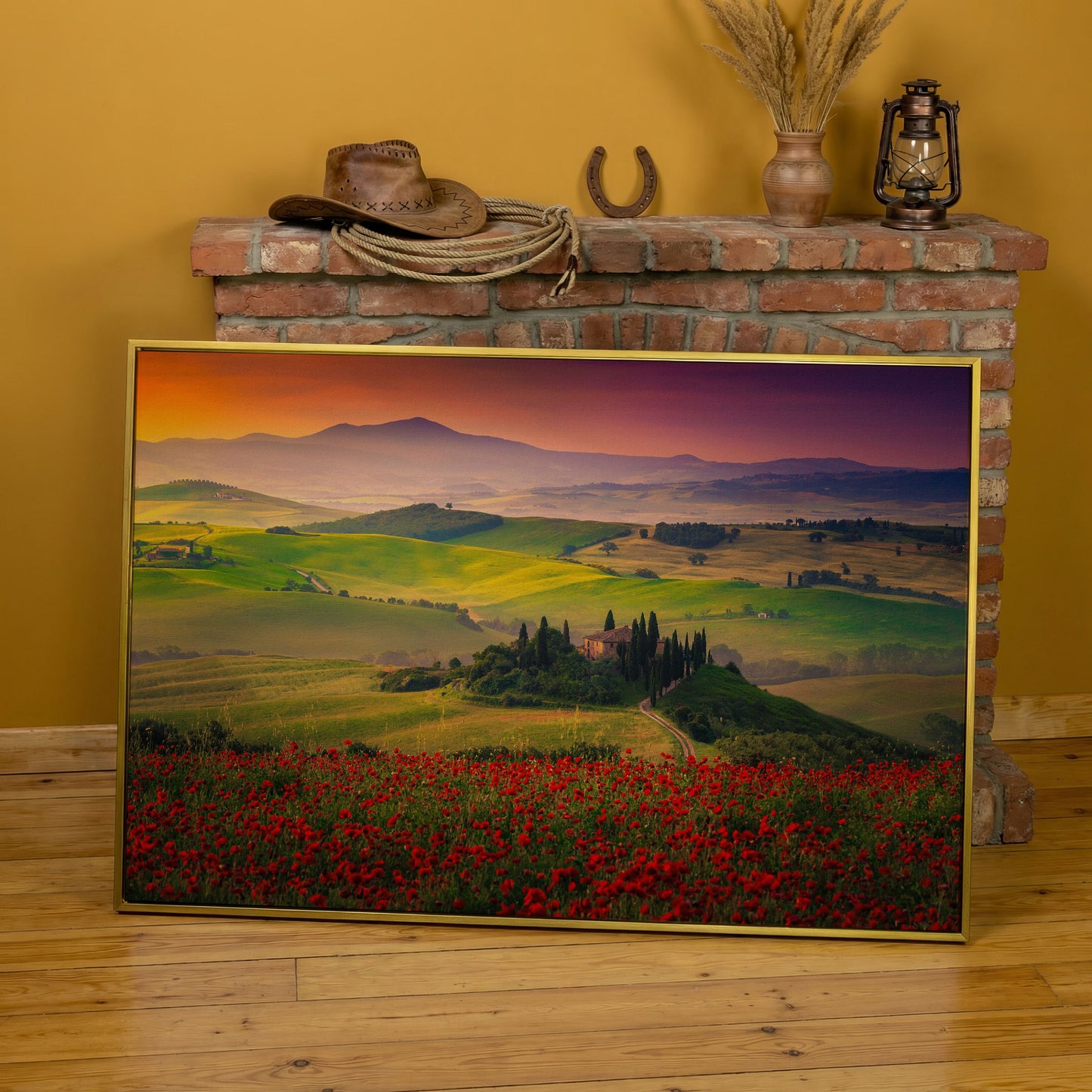 Tuscan Hills Canvas Art with Poppies, Farmhouse and Cypress Trees in yellow gold floating frame