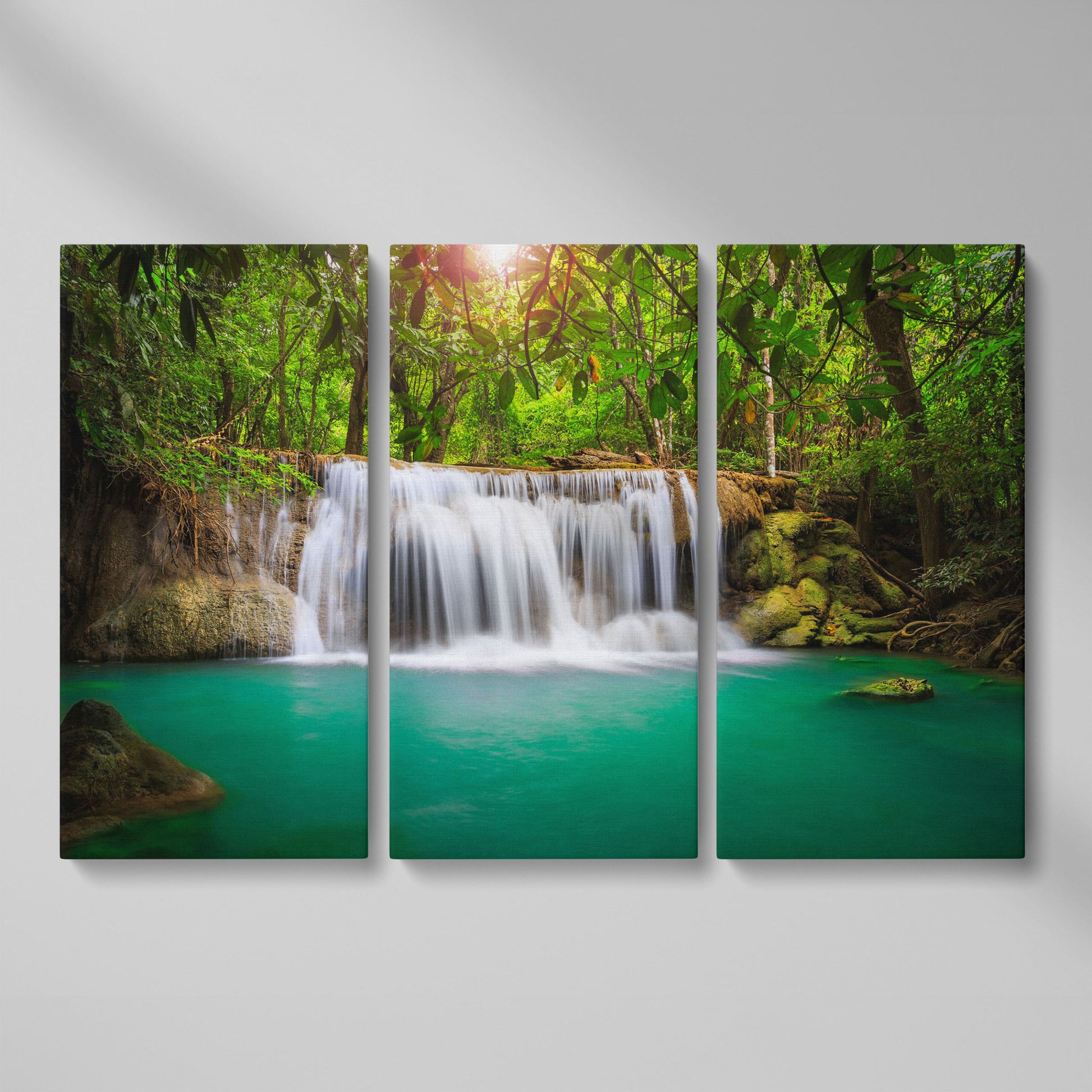 Cascading Waterfall Into Turquoise Pool Canvas Wall Art as 3-panel split version