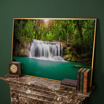 Cascading Waterfall Into Turquoise Pool Canvas Wall Art in antique gold floating frame
