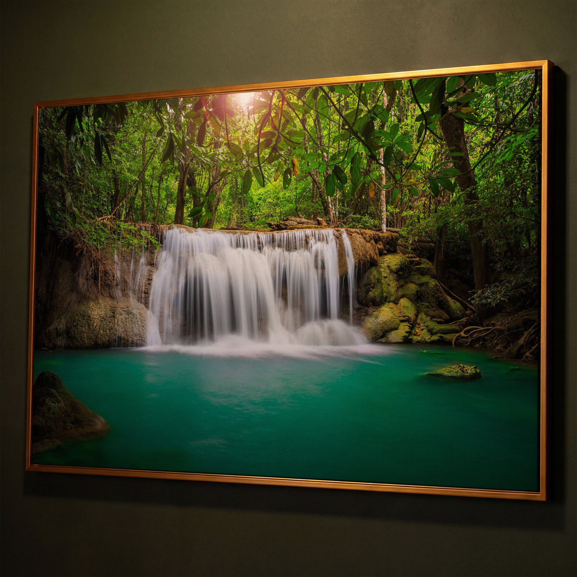 Cascading Waterfall Into Turquoise Pool Canvas Wall Art shown in antique gold floating frame