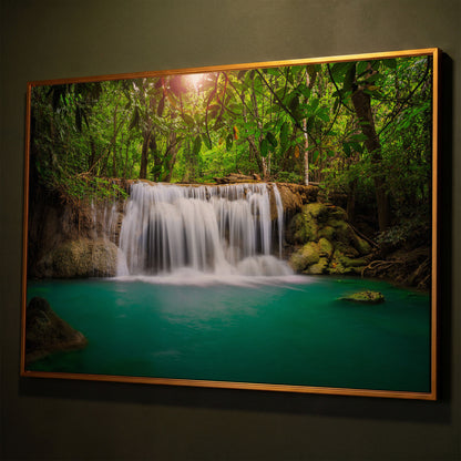 Cascading Waterfall Into Turquoise Pool Canvas Wall Art shown in antique gold floating frame