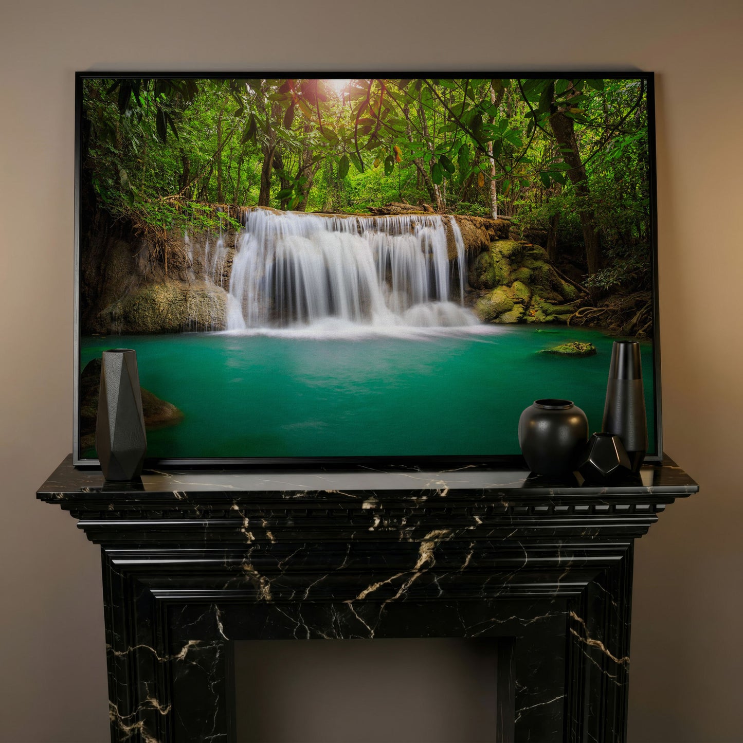 Cascading Waterfall Into Turquoise Pool Canvas Wall Art in black floating frame