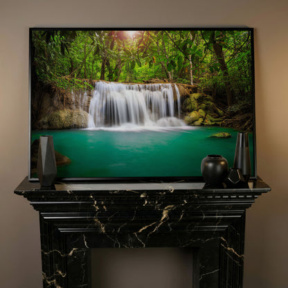 Cascading Waterfall Into Turquoise Pool Canvas Wall Art in black floating frame