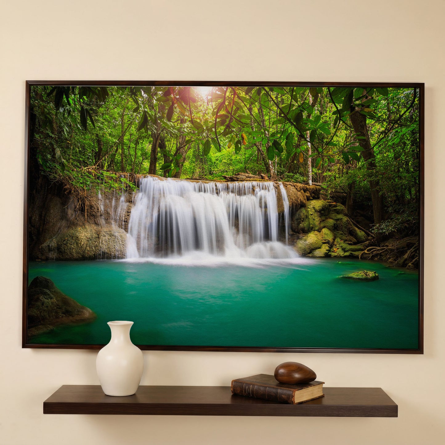 Cascading Waterfall Into Turquoise Pool Canvas Wall Art in dark walnut floating frame