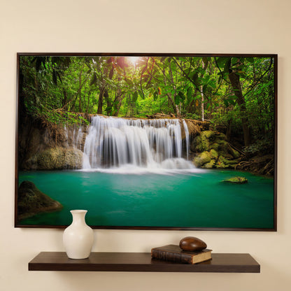 Cascading Waterfall Into Turquoise Pool Canvas Wall Art in dark walnut floating frame