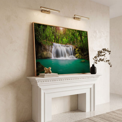 Cascading Waterfall Into Turquoise Pool Canvas Wall Art in white oak floating frame