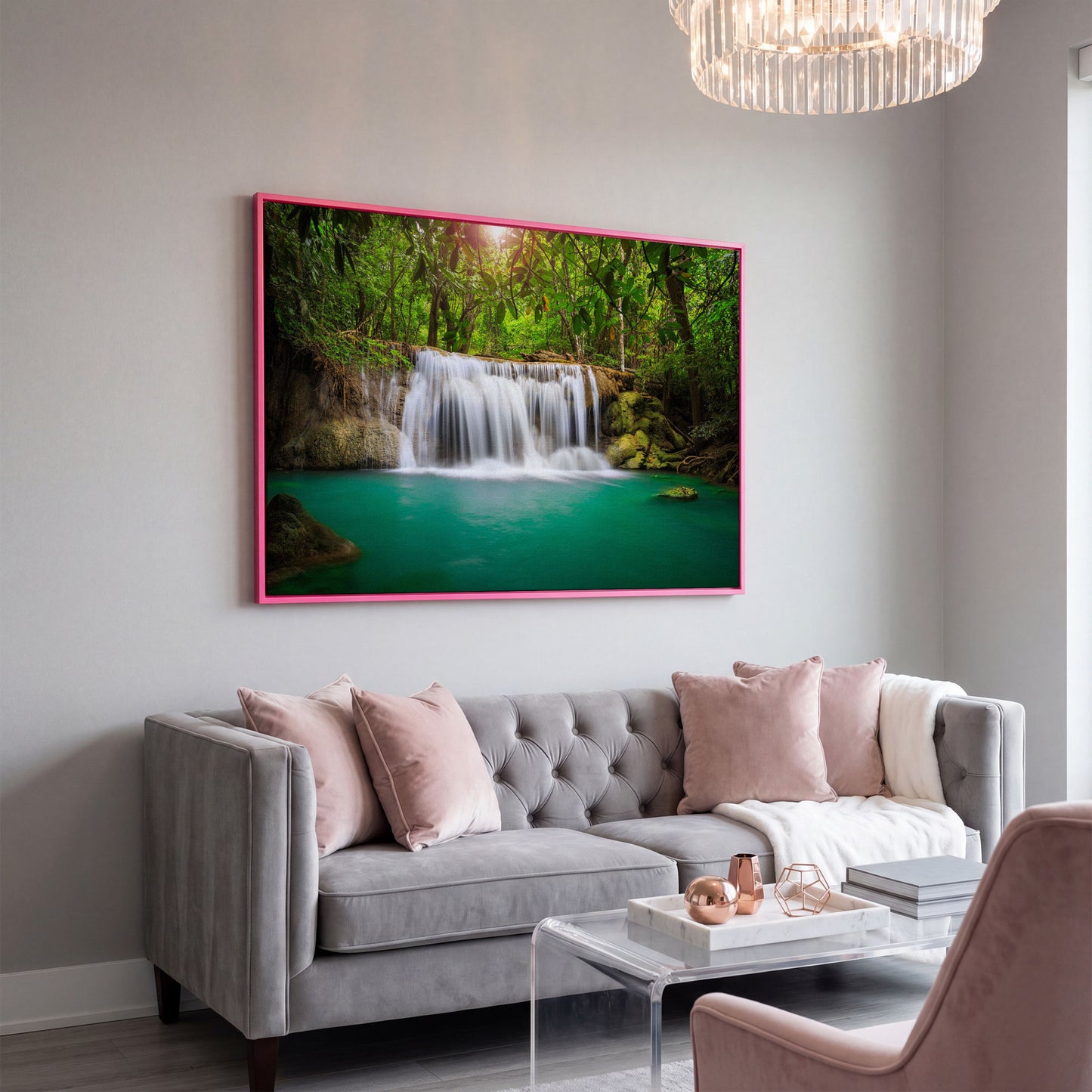 Cascading Waterfall Into Turquoise Pool Canvas Wall Art in pink floating frame