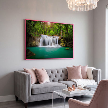 Cascading Waterfall Into Turquoise Pool Canvas Wall Art in pink floating frame