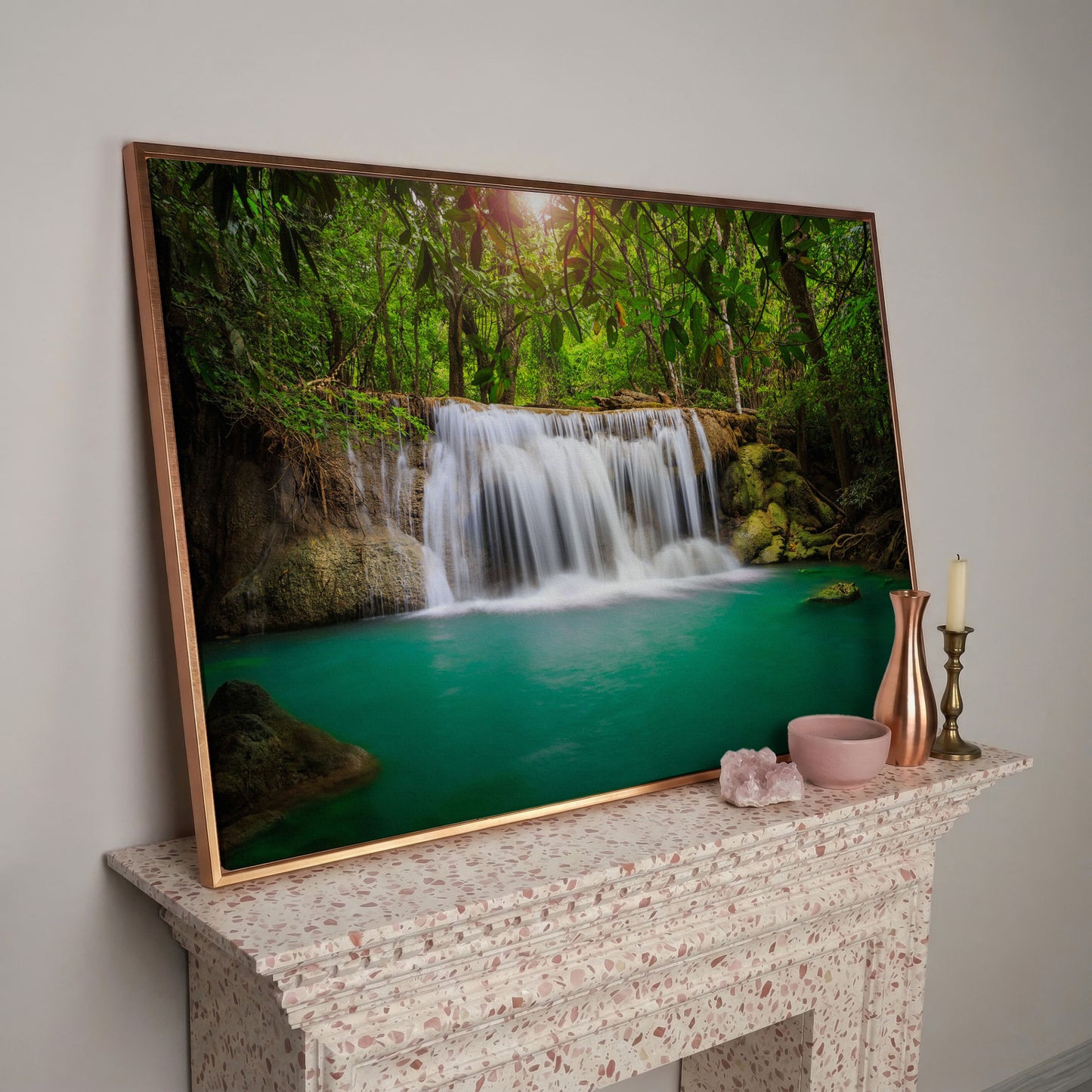 Cascading Waterfall Into Turquoise Pool Canvas Wall Art in rose gold floating frame