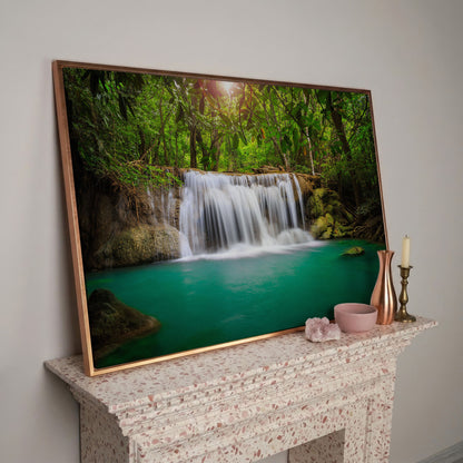 Cascading Waterfall Into Turquoise Pool Canvas Wall Art in rose gold floating frame