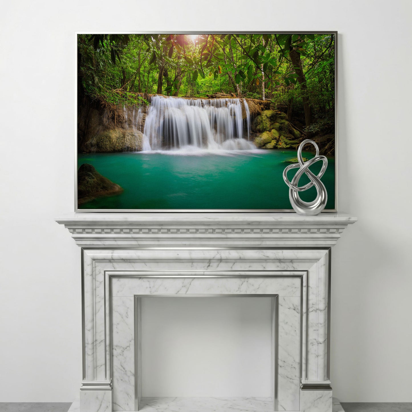 Cascading Waterfall Into Turquoise Pool Canvas Wall Art in silver floating frame