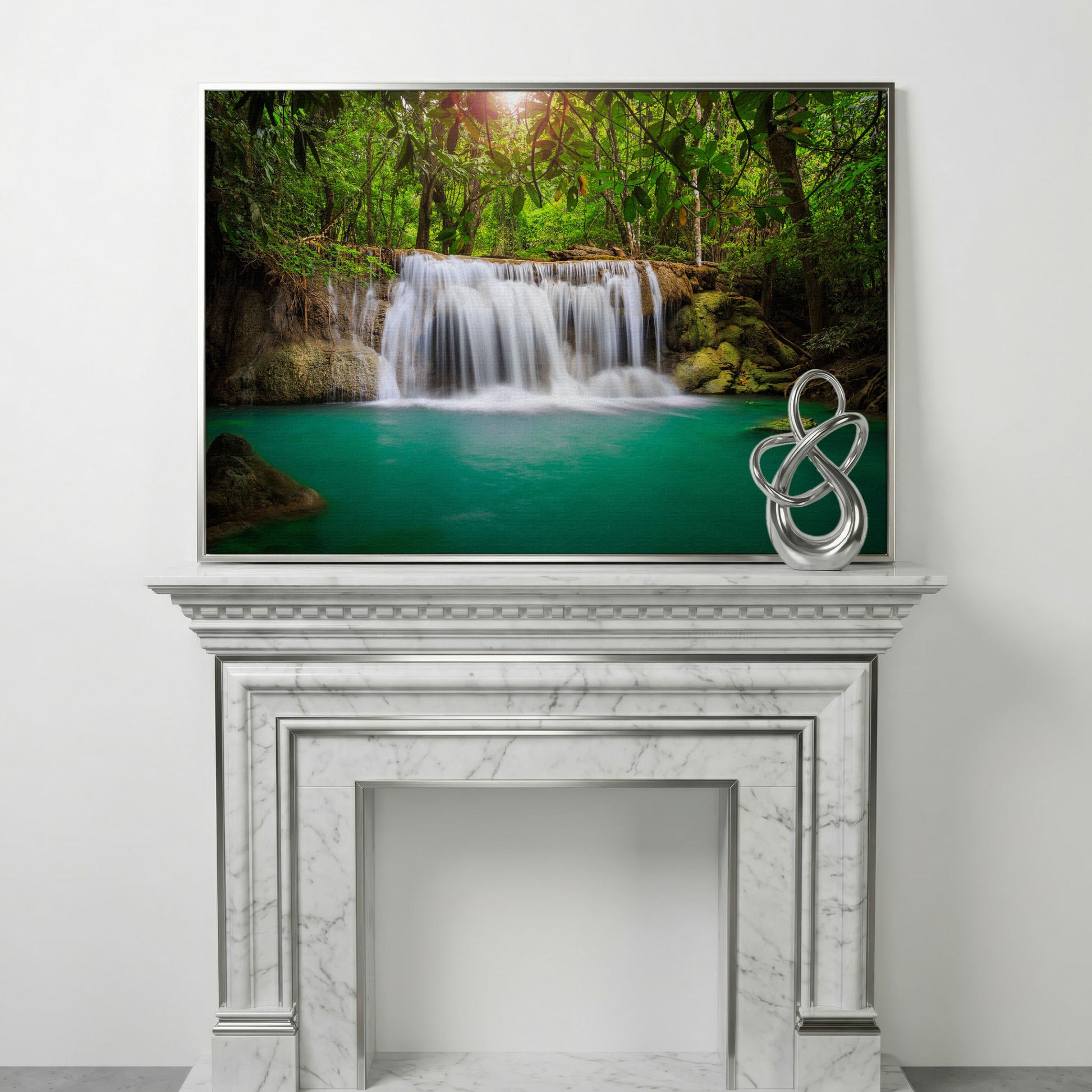 Cascading Waterfall Into Turquoise Pool Canvas Wall Art in silver floating frame