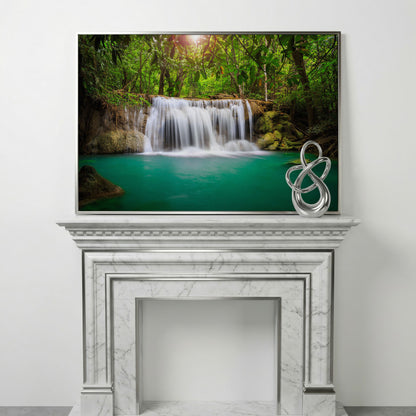 Cascading Waterfall Into Turquoise Pool Canvas Wall Art in silver floating frame