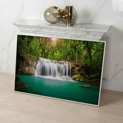 Cascading Waterfall Into Turquoise Pool Canvas Wall Art in white floating frame