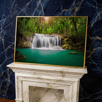 Cascading Waterfall Into Turquoise Pool Canvas Wall Art in yellow gold floating frame