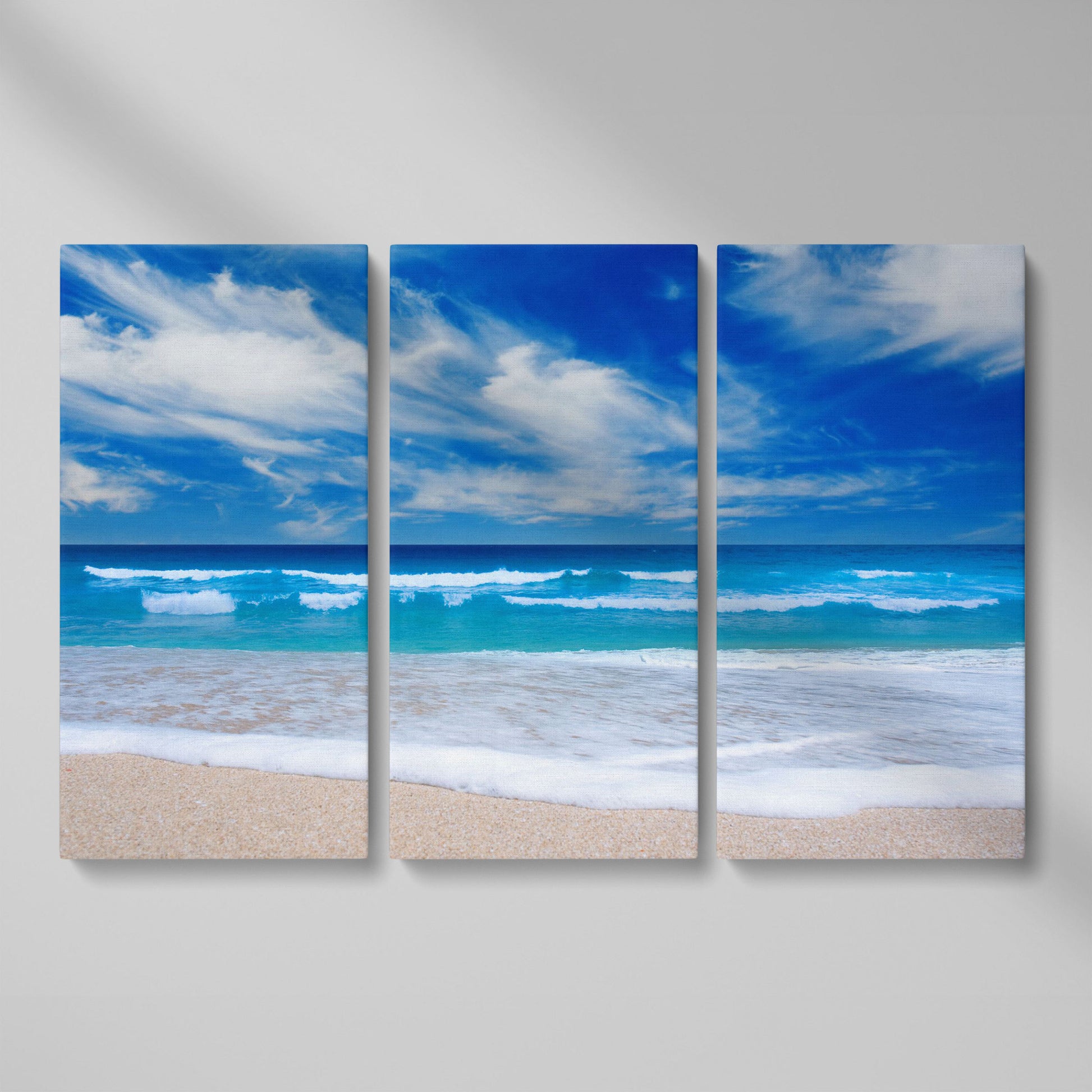 Moody Ocean Waves Seascape Canvas Art, Beach and Sky as 3-panel split version