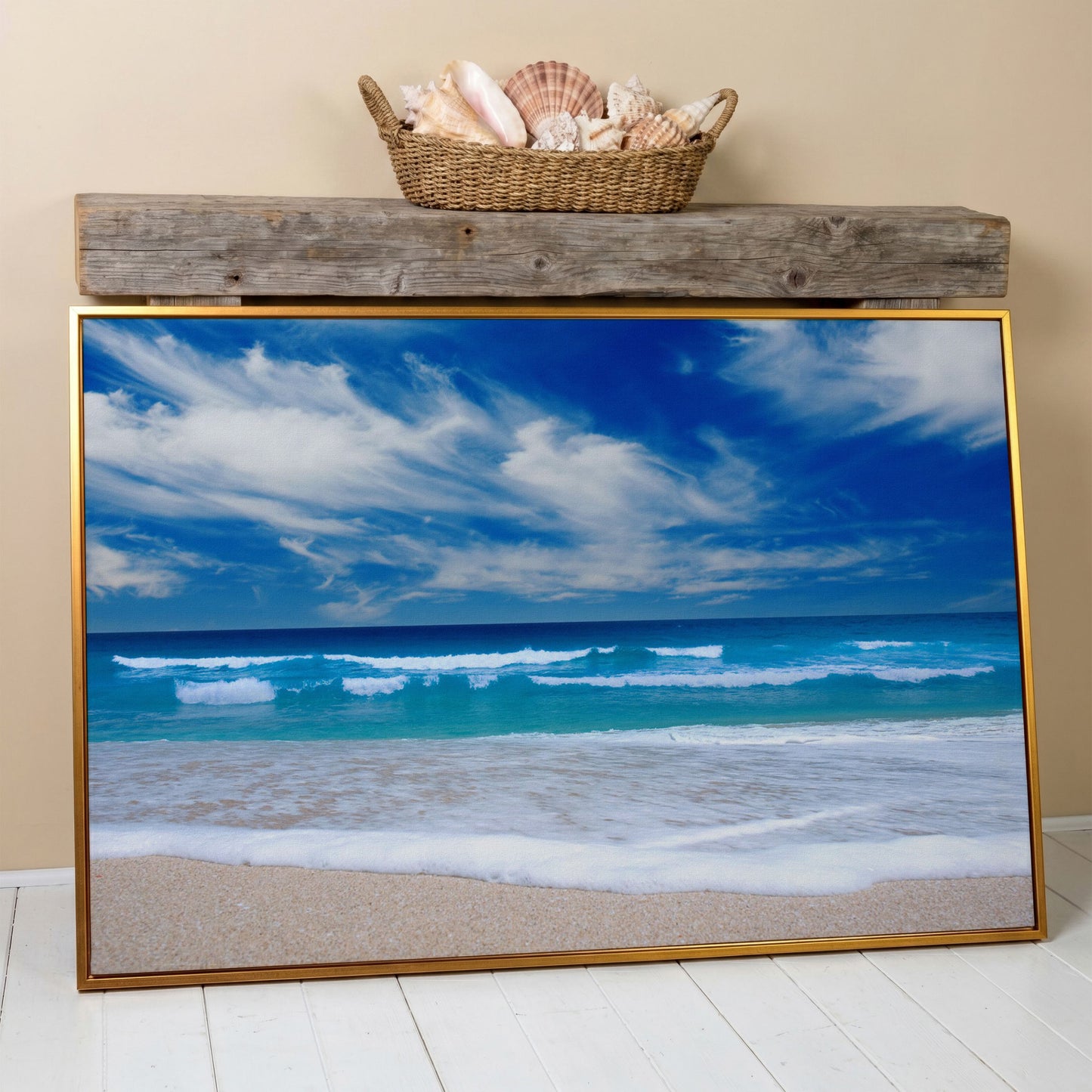 Moody Ocean Waves Seascape Canvas Art, Beach and Sky in antique gold floating frame