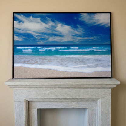 Moody Ocean Waves Seascape Canvas Art, Beach and Sky in black floating frame