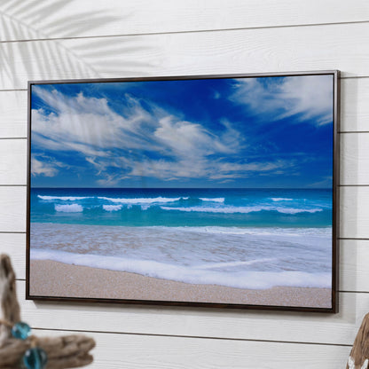 Moody Ocean Waves Seascape Canvas Art, Beach and Sky in dark walnut floating frame