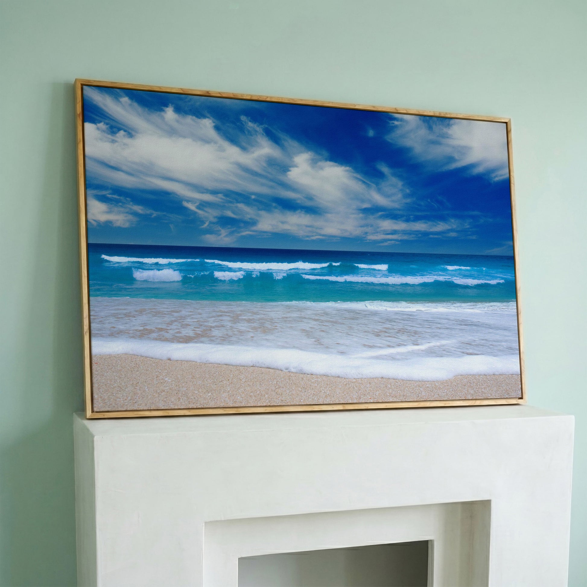 Moody Ocean Waves Seascape Canvas Art, Beach and Sky in white oak floating frame