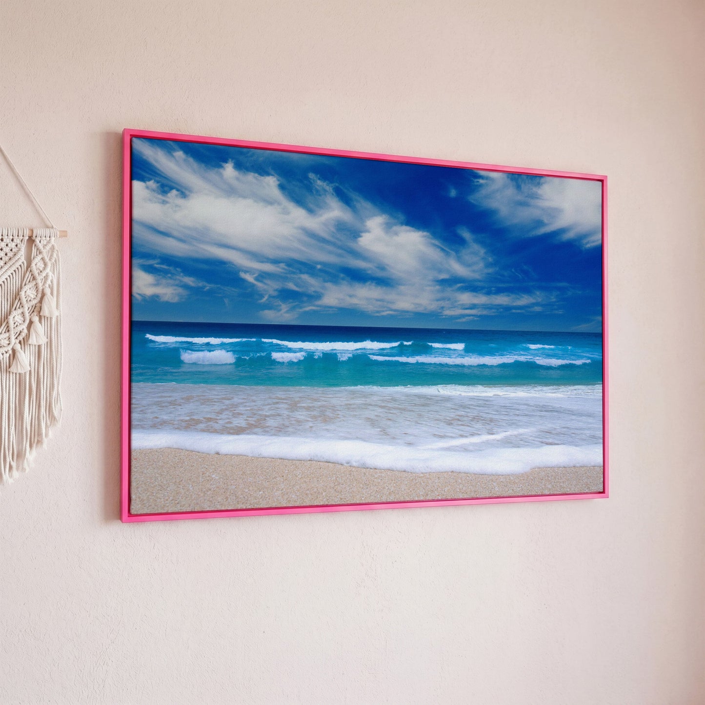 Moody Ocean Waves Seascape Canvas Art, Beach and Sky in pink floating frame