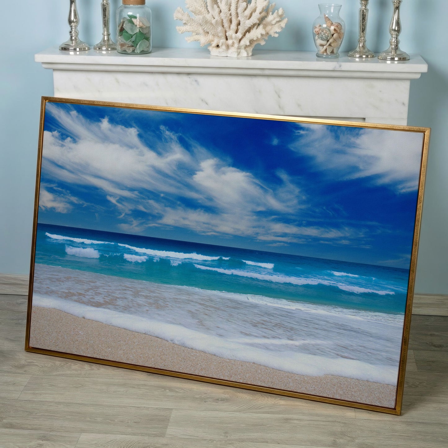 Moody Ocean Waves Seascape Canvas Art, Beach and Sky in rose gold floating frame