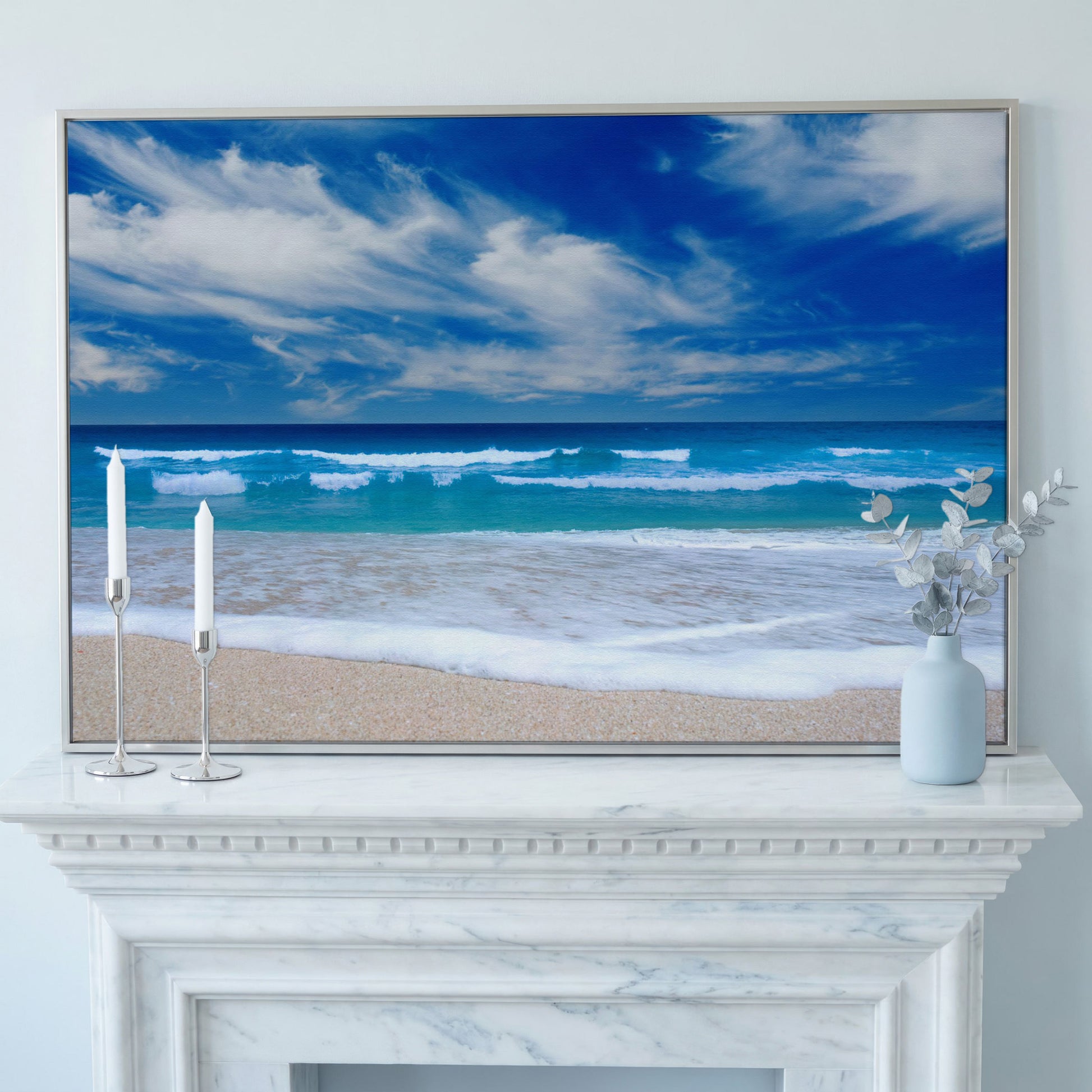 Moody Ocean Waves Seascape Canvas Art, Beach and Sky in silver floating frame