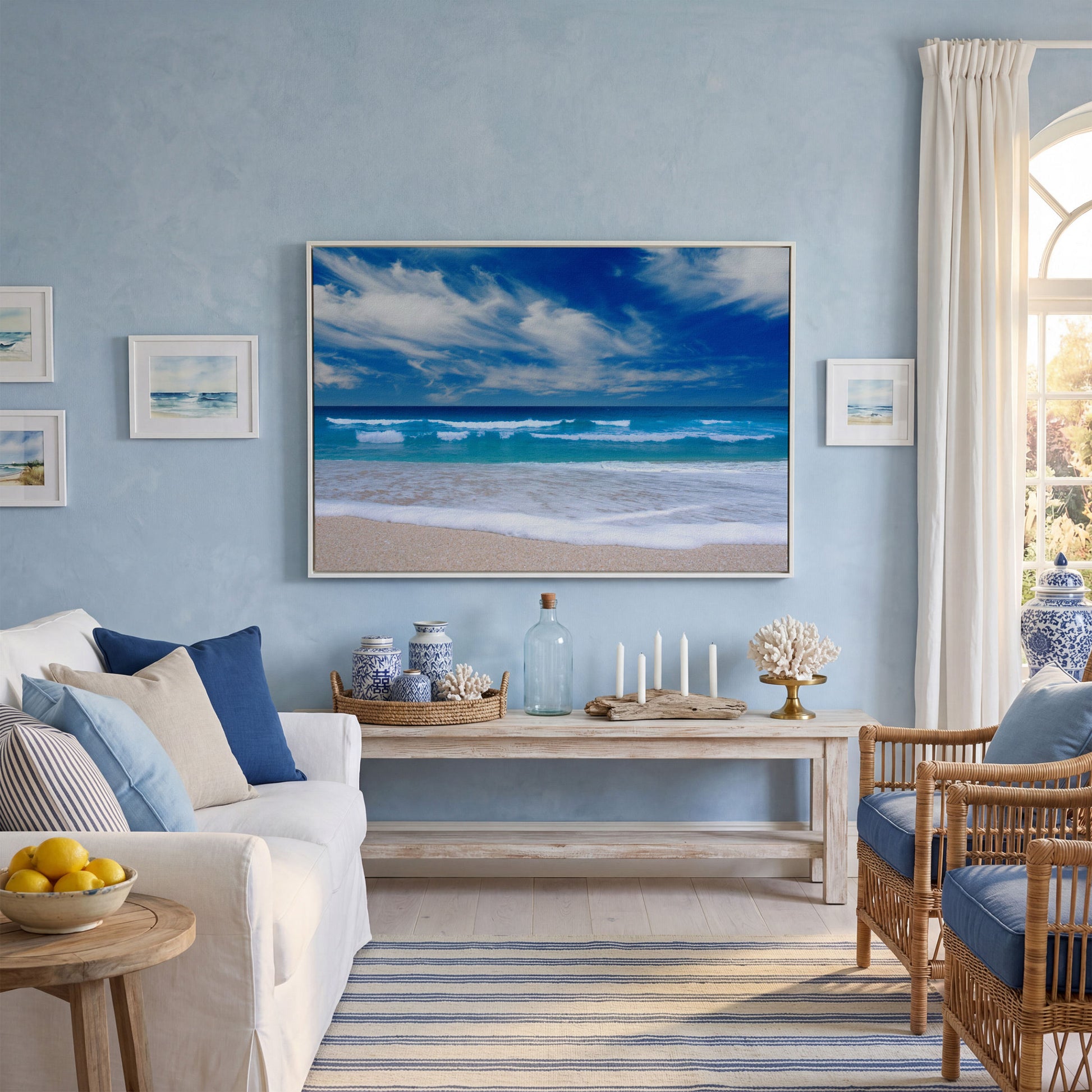Moody Ocean Waves Seascape Canvas Art, Beach and Sky in white floating frame