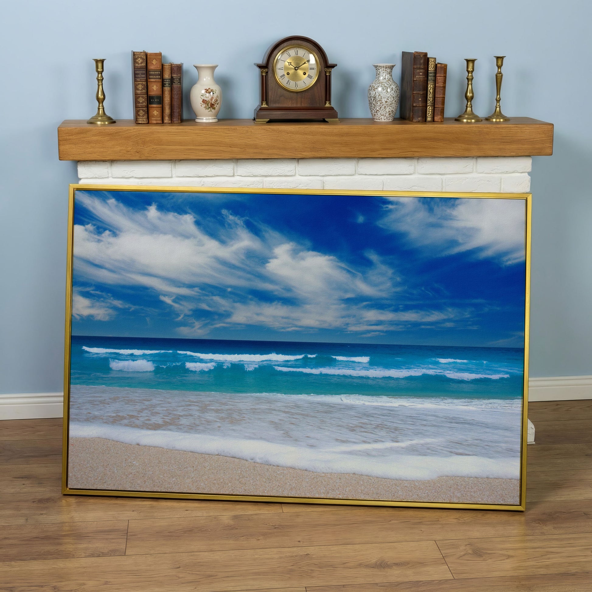 Moody Ocean Waves Seascape Canvas Art, Beach and Sky in yellow gold floating frame