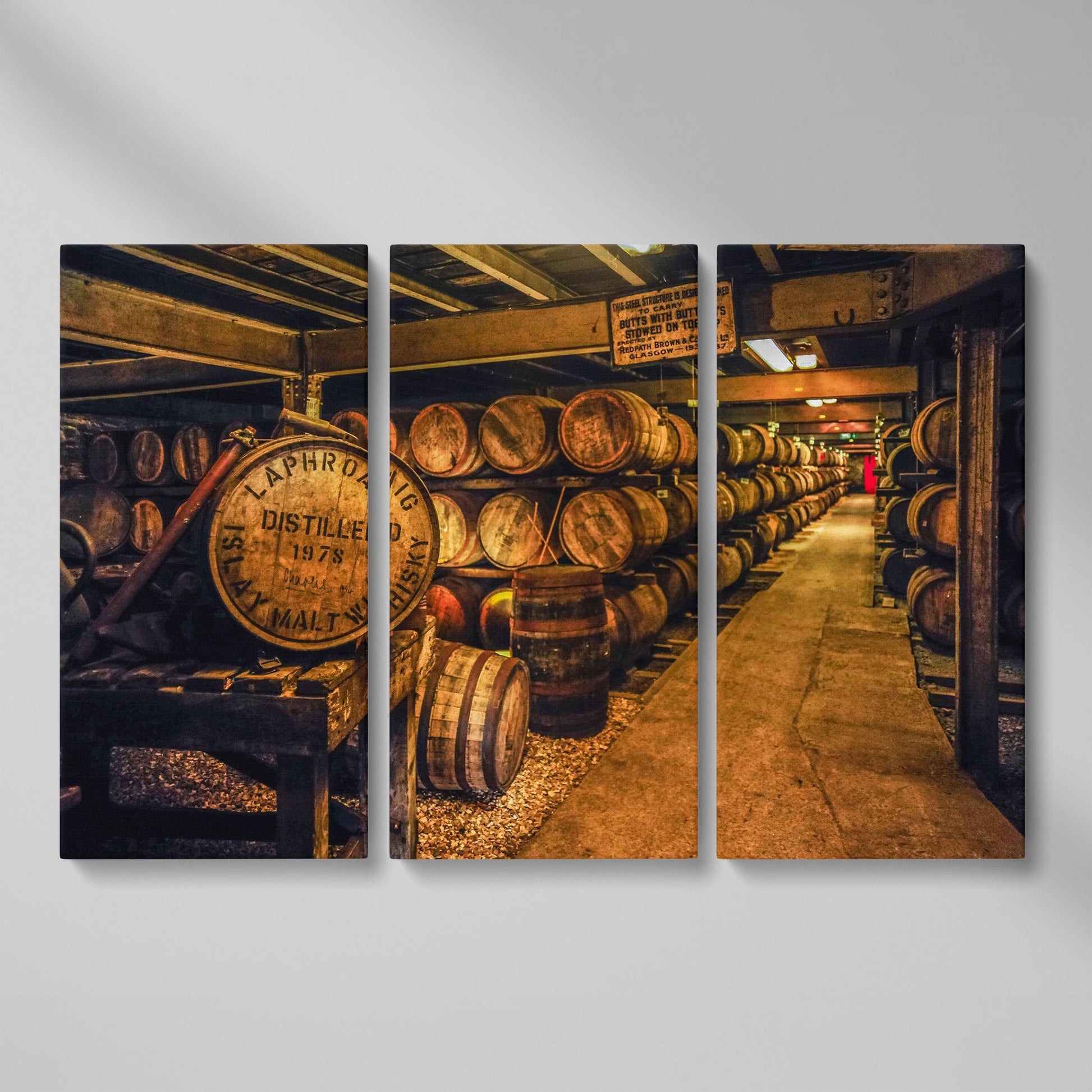 Laphroaig Distillery Barrel Rows Canvas Wall Art as 3-panel split version