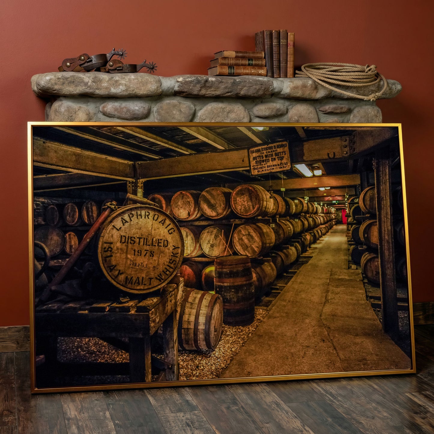 Laphroaig Distillery Barrel Rows Canvas Wall Art in antique gold floating frame