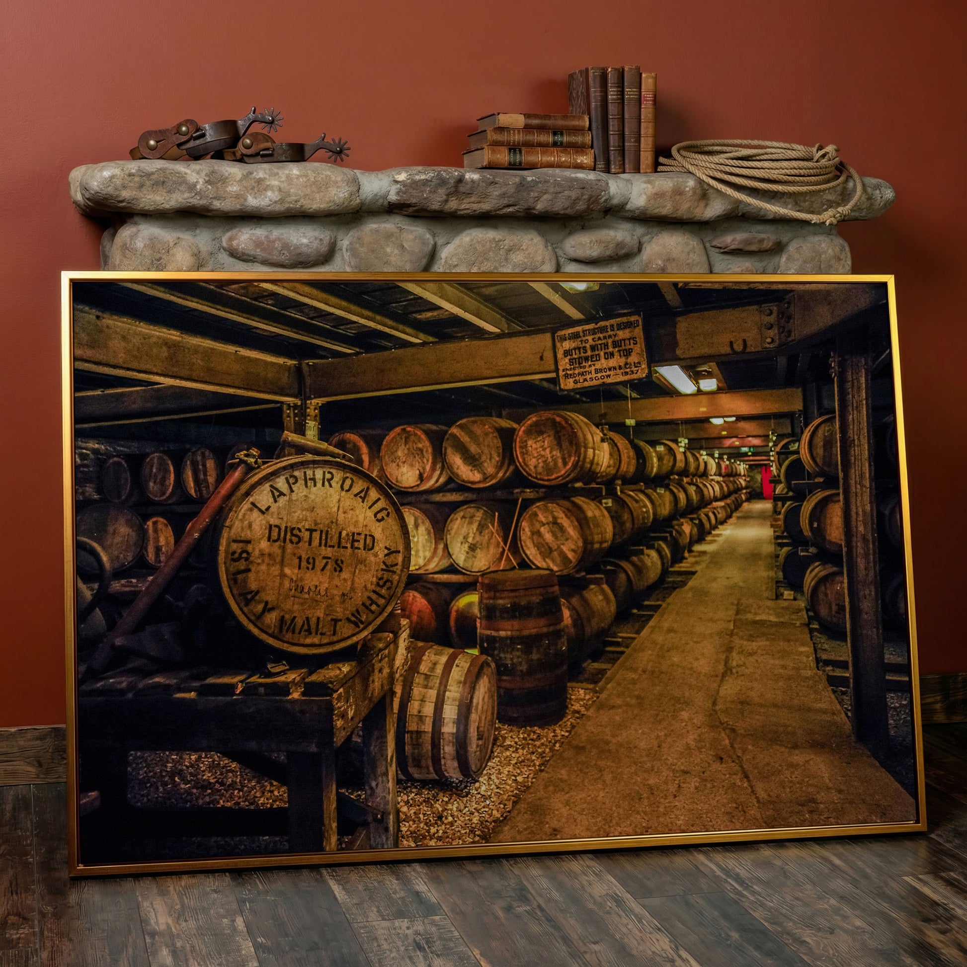 Laphroaig Distillery Barrel Rows Canvas Wall Art in antique gold floating frame