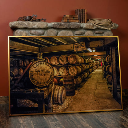 Laphroaig Distillery Barrel Rows Canvas Wall Art in antique gold floating frame