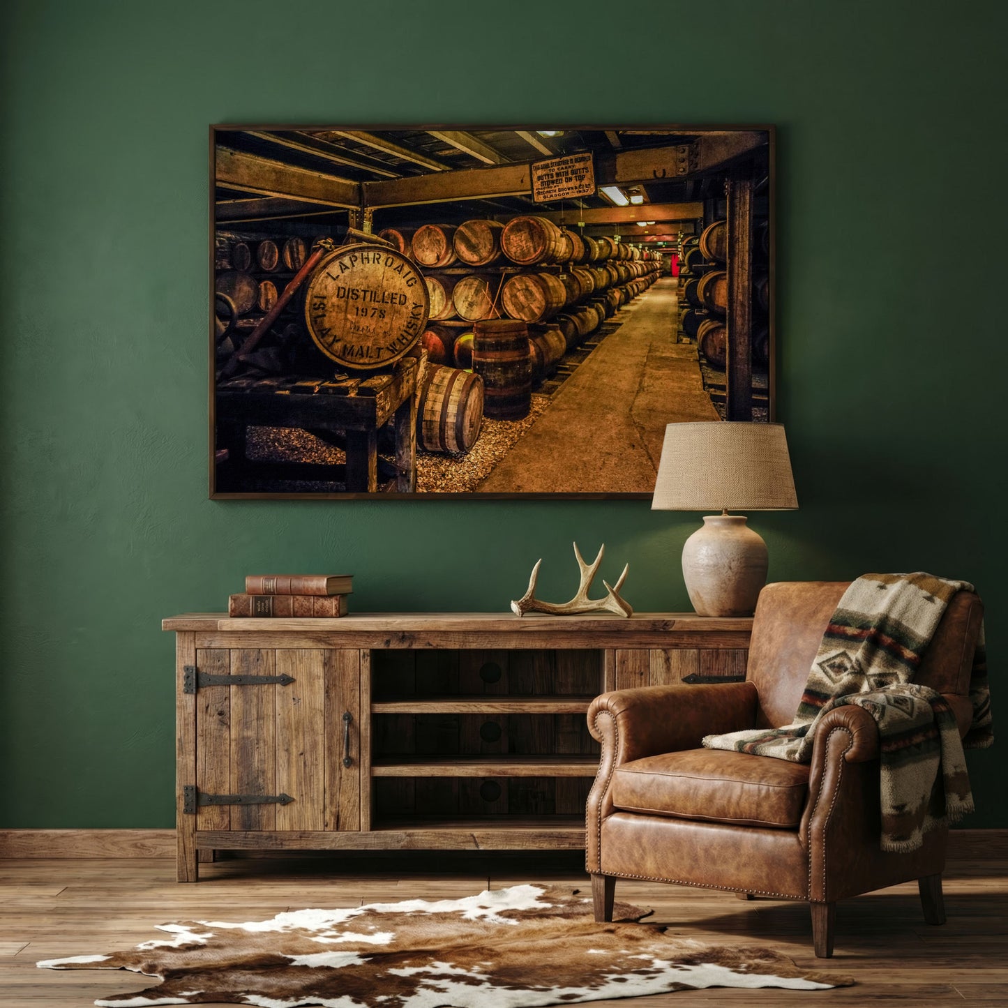Laphroaig Distillery Barrel Rows Canvas Wall Art in dark walnut floating frame