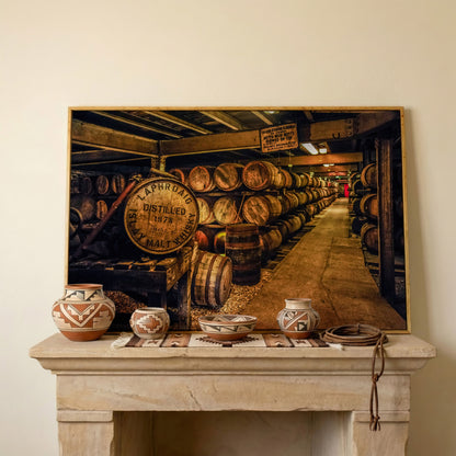 Laphroaig Distillery Barrel Rows Canvas Wall Art in white oak floating frame
