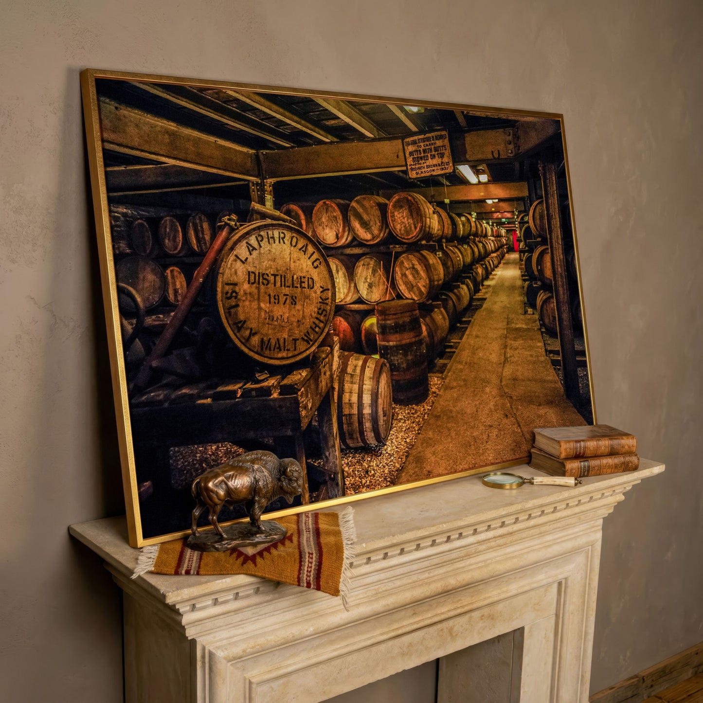 Laphroaig Distillery Barrel Rows Canvas Wall Art in rose gold floating frame