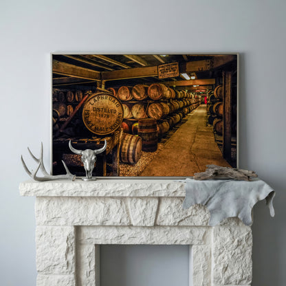 Laphroaig Distillery Barrel Rows Canvas Wall Art in silver floating frame