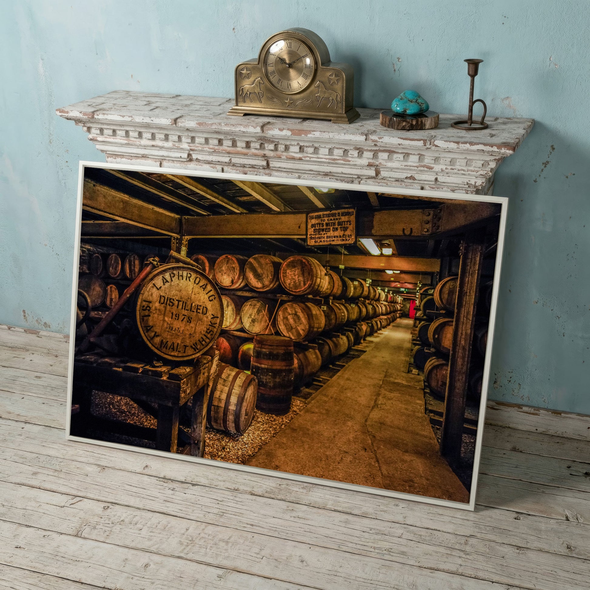Laphroaig Distillery Barrel Rows Canvas Wall Art in white floating frame
