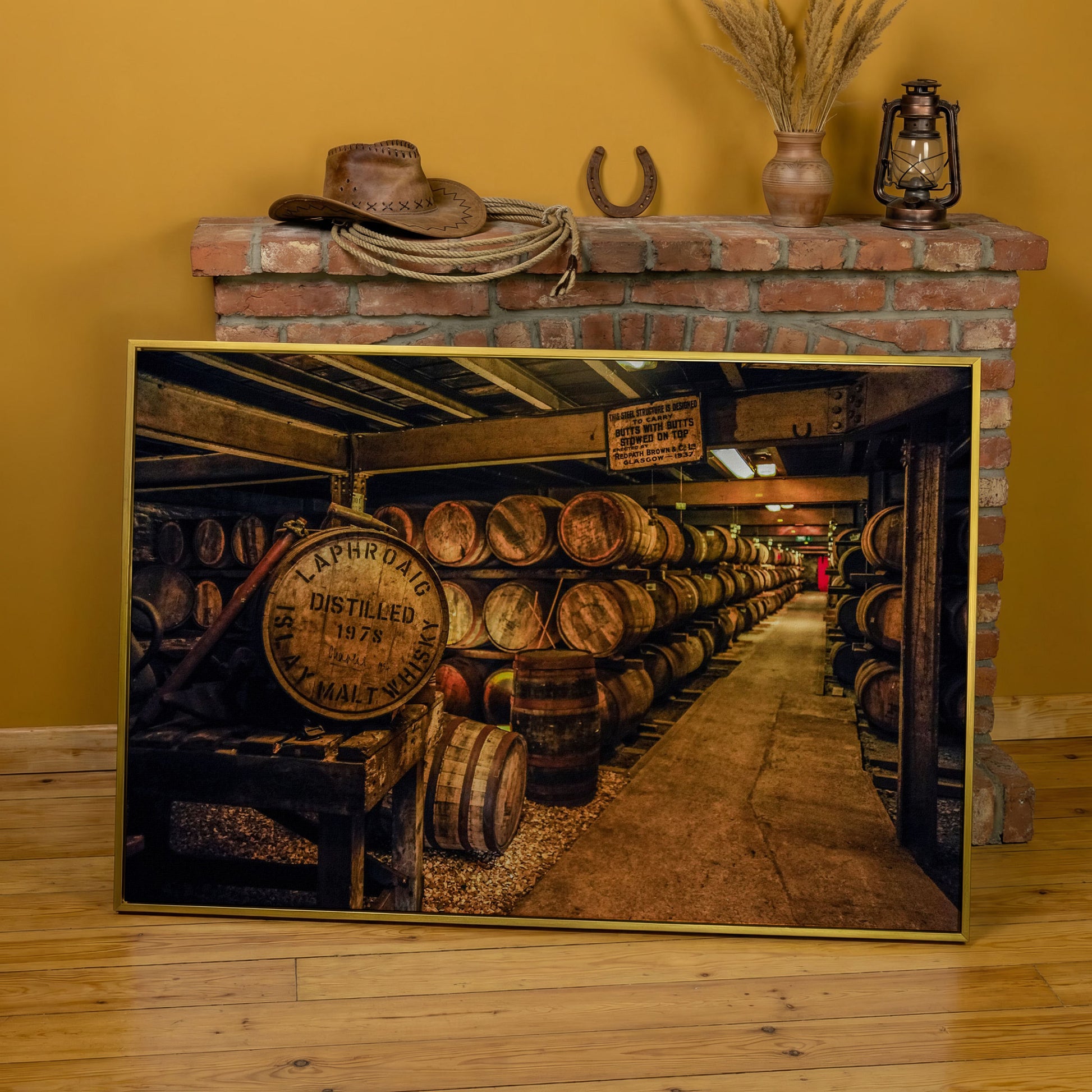 Laphroaig Distillery Barrel Rows Canvas Wall Art in yellow gold floating frame