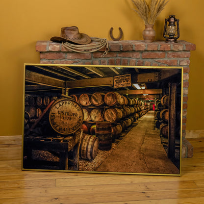 Laphroaig Distillery Barrel Rows Canvas Wall Art in yellow gold floating frame