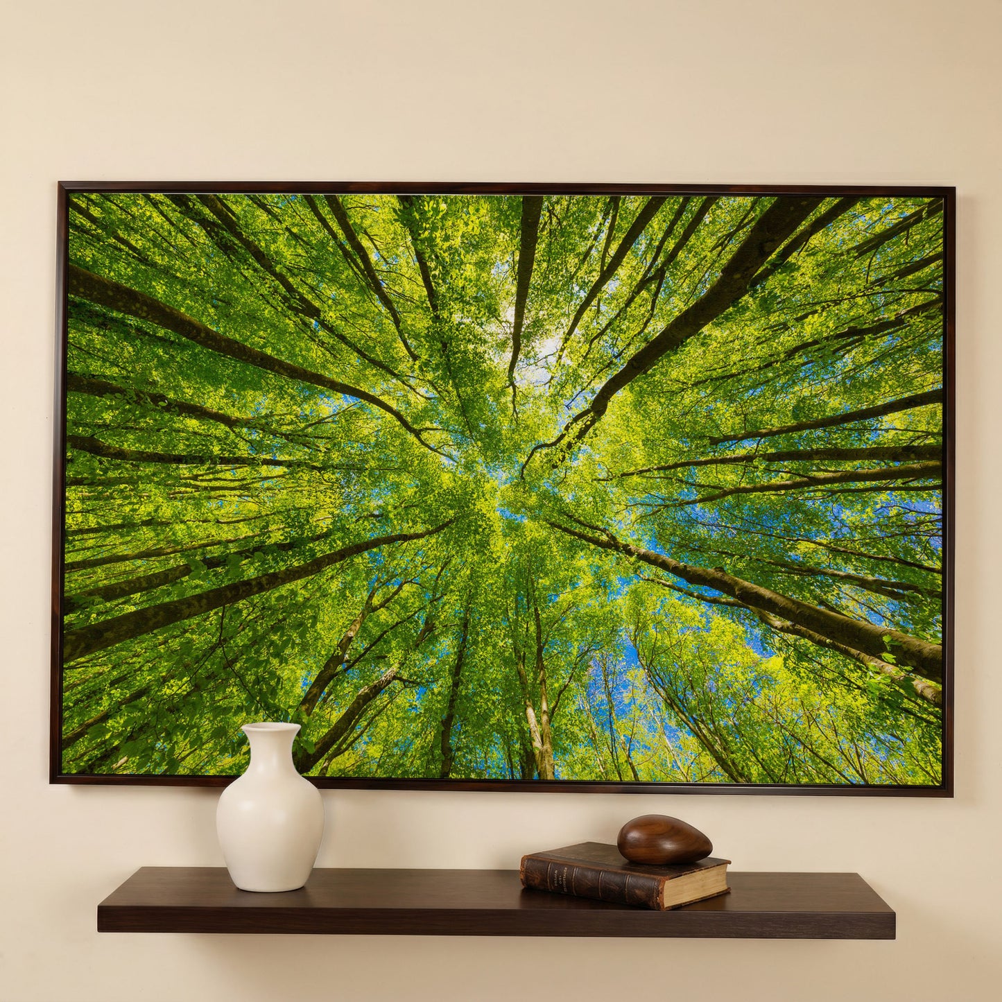 Looking Up Through a Forest Canopy Canvas Wall Art in dark walnut floating frame
