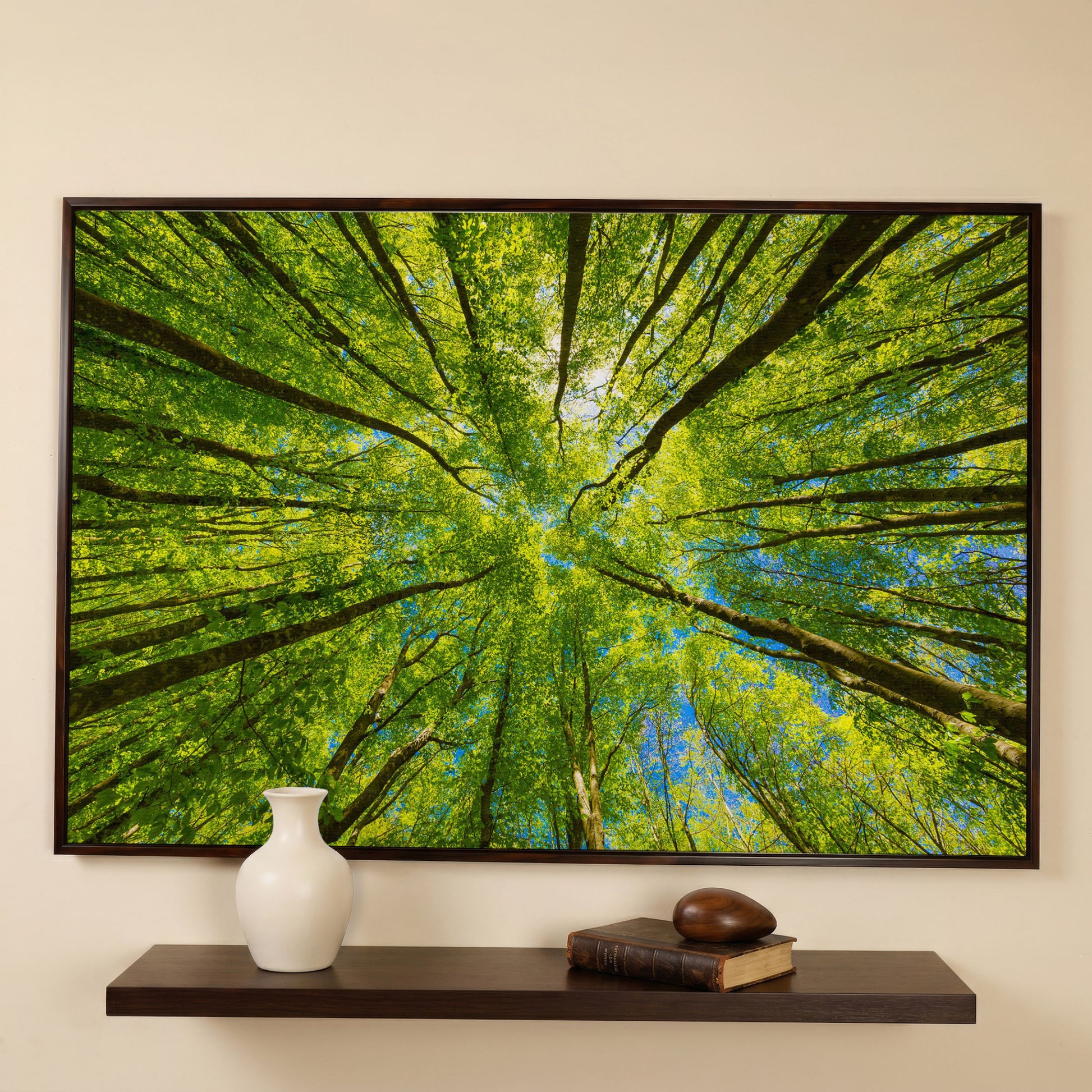 Looking Up Through a Forest Canopy Canvas Wall Art in dark walnut floating frame