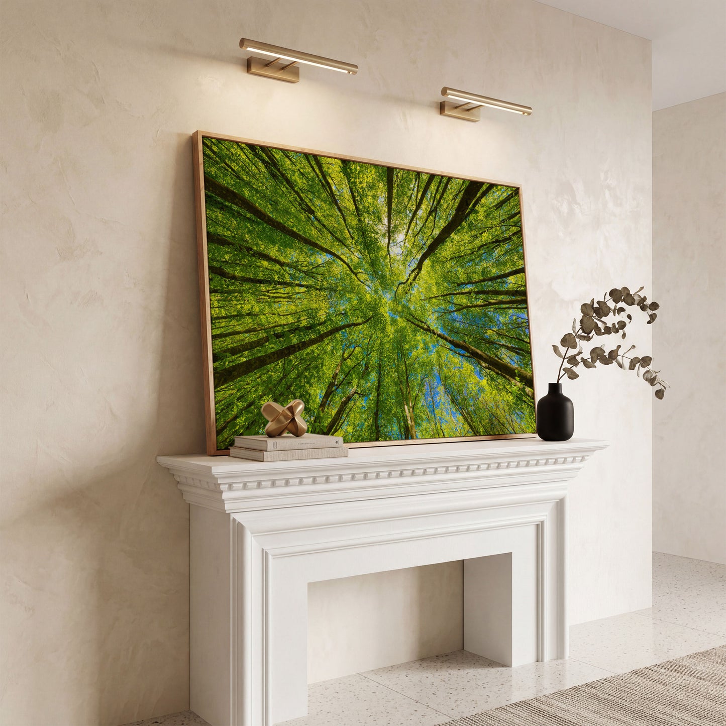 Looking Up Through a Forest Canopy Canvas Wall Art in white oak floating frame