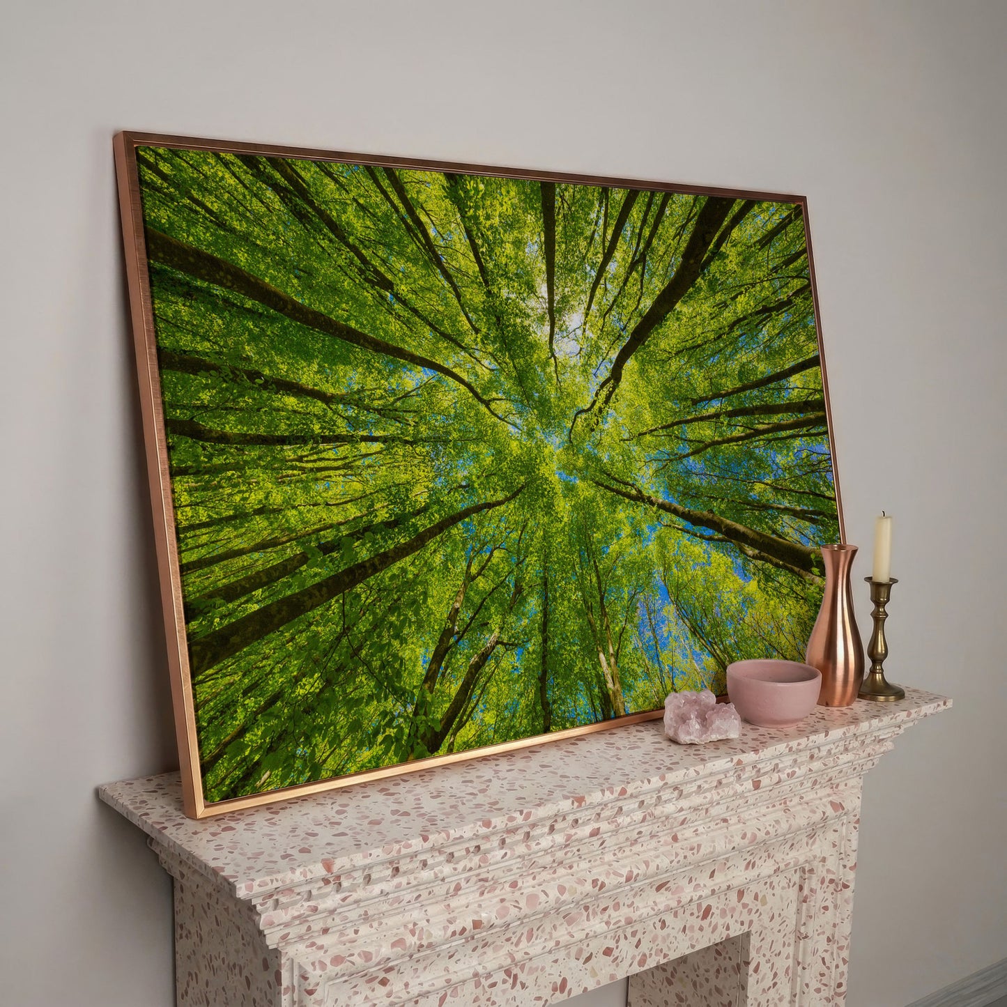 Looking Up Through a Forest Canopy Canvas Wall Art in rose gold floating frame